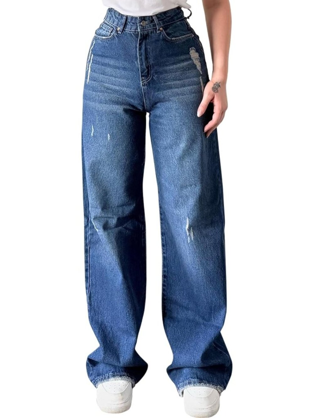 〽️ Women Blue A High Waist Straight Leg Baggy Boyfriend Denim Jeans Stretch